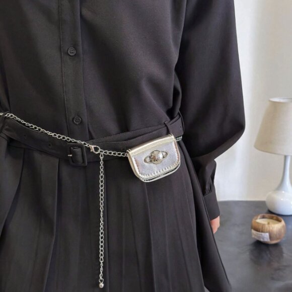 Mini Glossy Silver Patent Leather Crossbody Bag – W/Saturn Planet Detail - Picture 2 of 6